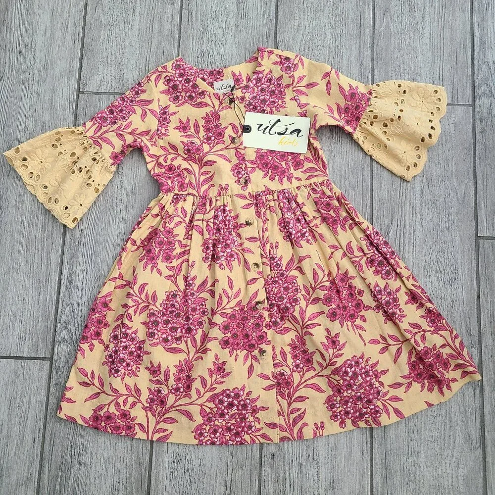 Utsa Kids Yellow Pink Floral Eyelet Bell Sleeve Dress 2Y NWT - Picture 1 of 8